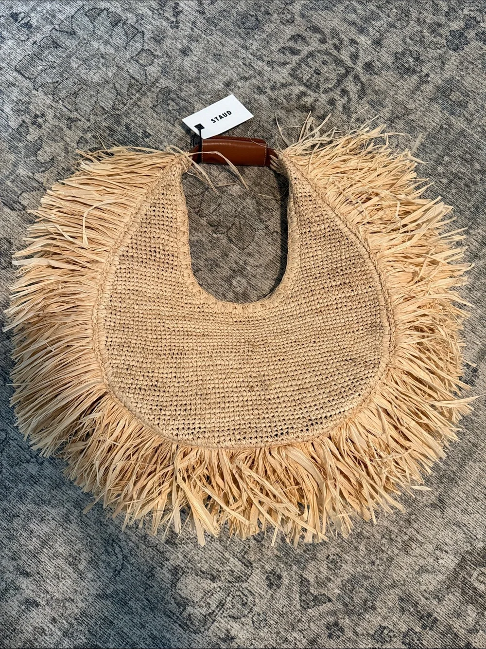 STAUD Natural Raffia Fringe Moon Tote Large with Brown Handle - Picture 2 of 4